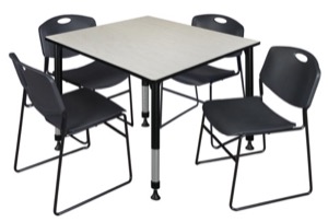 Kee 48" Square Height Adjustable Classroom Table  - Maple & 4 Zeng Stack Chairs - Black