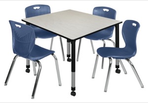 Kee 48" Square Height Adjustable Mobile Classroom Table  - Maple & 4 4 Andy 18-in Stack Chairs - Navy Blue