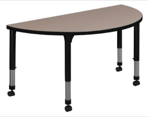 48" x 24" Half Round Height Adjustable Mobile Classroom Table - Beige