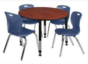 Kee 48" Round Height Adjustable Classroom Table  - Cherry & 4 Andy 18-in Stack Chairs - Navy Blue 