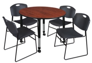Kee 48" Round Height Adjustable  Mobile Classroom Table  - Cherry & 4 Zeng Stack Chairs - Black 
