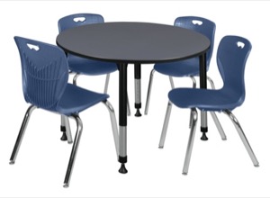 Kee 48" Round Height Adjustable Classroom Table  - Grey & 4 Andy 18-in Stack Chairs - Navy Blue