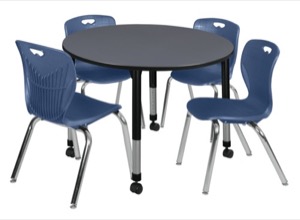 Kee 48" Round Height Adjustable Classroom Table  - Grey & 4 Andy 18-in Stack Chairs - Navy Blue