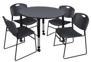 Kee 48" Round Height Adjustable Mobile Classroom Table  - Grey & 4 Zeng Stack Chairs - Black