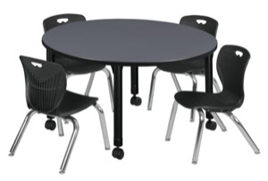 Kee 48" Round Height Adjustable Classroom Table  - Grey & 4 Andy 12-in Stack Chairs - Black