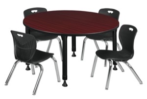 Kee 48" Round Height Adjustable Classroom Table  - Mahogany & 4 Andy 12-in Stack Chairs - Black