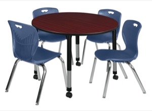 Kee 48" Round Height Adjustable Classroom Table  - Mahogany & 4 Andy 18-in Stack Chairs - Navy Blue