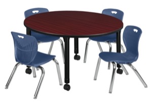 Kee 48" Round Height Adjustable Classroom Table  - Mahogany & 4 Andy 12-in Stack Chairs - Navy Blue