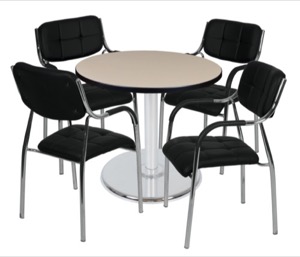 Via 30" Round Platter Base Table - Beige/Chrome & 4 Uptown Side Chairs - Black