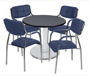 Via 30" Round Platter Base Table - Grey/Chrome & 4 Uptown Side Chairs - Navy
