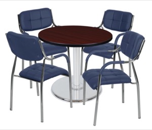 Via 30" Round Platter Base Table - Mahogany/Chrome & 4 Uptown Side Chairs - Navy