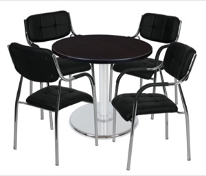 Via 30" Round Platter Base Table - Mocha Walnut/Chrome & 4 Uptown Side Chairs - Black