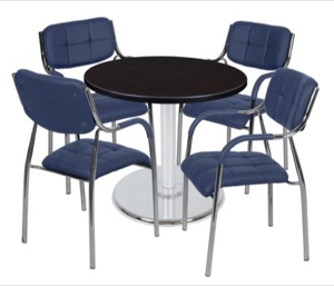 Via 30" Round Platter Base Table - Mocha Walnut/Chrome & 4 Uptown Side Chairs - Navy