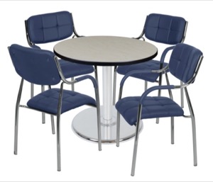 Via 30" Round Platter Base Table - Maple/Chrome & 4 Uptown Side Chairs - Navy