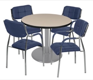 Via 36" Round Platter Base Table - Beige/Grey & 4 Uptown Side Chairs - Navy