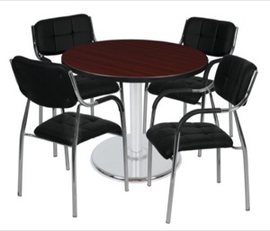 Via 36" Round Platter Base Table - Mahogany/Chrome & 4 Uptown Side Chairs - Black