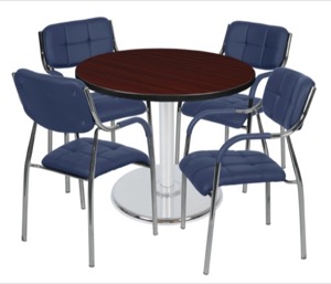 Via 36" Round Platter Base Table - Mahogany/Chrome & 4 Uptown Side Chairs - Navy