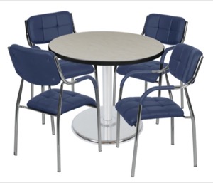 Via 36" Round Platter Base Table - Maple/Chrome & 4 Uptown Side Chairs - Navy