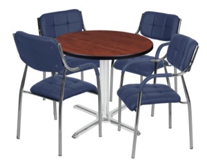 Via 30" Round X-Base Table - Cherry/Chrome & 4 Uptown Side Chairs - Navy