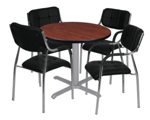 Via 30" Round X-Base Table - Cherry/Grey & 4 Uptown Side Chairs - Black