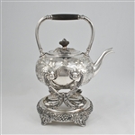 Tipping Hot Water Kettle & Stand by English, Silverplate Chased Grape Design
