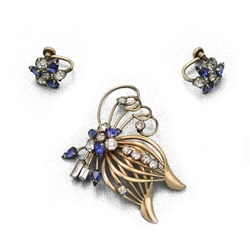 Pin & Earring Set by M & S, Gold Electroplate, Butterfly, Blue &  Clear Stones