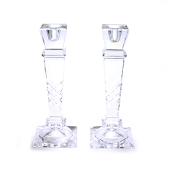 Candlestick Pair, Tall, Glass, Clear Cross Hatch Design