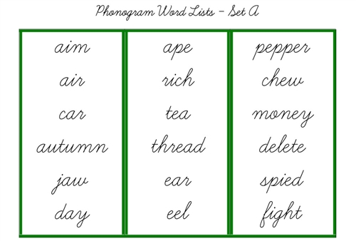 Green Word Lists, Cursive - Set A (PDF)