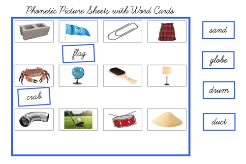 Blue Picture Sheets with Word Cards, Cursive (PDF)