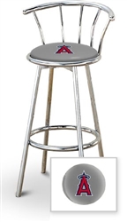 Bar Stool 29" Tall Chrome Finish Stool with a Backrest Featuring the Anaheim Angels MLB Team Logo Decal on a Grey Vinyl Covered Swivel Seat Cushion