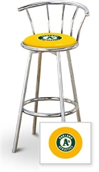 Bar Stool 29" Tall Chrome Finish Stool with a Backrest Featuring the Oakland Athletics MLB Team Logo Decal on a Yellow Vinyl Covered Swivel Seat Cushion