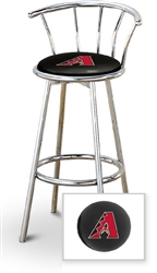 Bar Stool 29" Tall Chrome Finish Stool with a Backrest Featuring the Arizona Diamondbacks MLB Team Logo Decal on a Black Vinyl Covered Swivel Seat Cushion