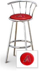 Bar Stool 29" Tall Chrome Finish Stool with a Backrest Featuring the Arizona Diamondbacks MLB Team Logo Decal on a Red Vinyl Covered Swivel Seat Cushion