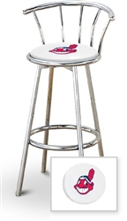 Bar Stool 29" Tall Chrome Finish Stool with a Backrest Featuring the Cleveland Indians MLB Team Logo Decal on a White Vinyl Covered Swivel Seat Cushion