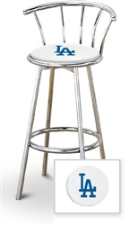 Bar Stool 29" Tall Chrome Finish Stool with a Backrest Featuring the LA Dodgers MLB Team Logo Decal on a White Vinyl Covered Swivel Seat Cushion