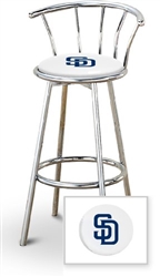 Bar Stool 29" Tall Chrome Finish Stool with a Backrest Featuring the San Diego Padres MLB Team Logo Decal on a White Vinyl Covered Swivel Seat Cushion