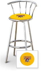 Bar Stool 29" Tall Chrome Finish Stool with a Backrest Featuring the Pittsburgh Pirates MLB Team Logo Decal on a Yellow Vinyl Covered Swivel Seat Cushion