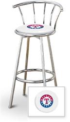 Bar Stool 29" Tall Chrome Finish Stool with a Backrest Featuring the Texas Rangers MLB Team Logo Decal on a White Vinyl Covered Swivel Seat Cushion