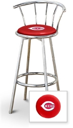 Bar Stool 29" Tall Chrome Finish Stool with a Backrest Featuring the Cincinnati Reds MLB Team Logo Decal on a Red Vinyl Covered Swivel Seat Cushion