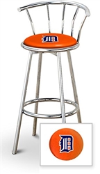 Bar Stool 29" Tall Chrome Finish Stool with a Backrest Featuring the Detroit Tigers MLB Team Logo Decal on an Orange Vinyl Covered Swivel Seat Cushion
