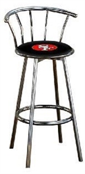 Bar Stool 29" Tall Chrome Finish Stool with a Backrest Featuring the San Francisco 49er's NFL Team Logo Decal on a Black Vinyl Covered Swivel Seat Cushion