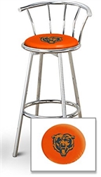 Bar Stool 29" Tall Chrome Finish Stool with a Backrest Featuring the Chicago Bears NFL Team Logo Decal on an Orange Vinyl Covered Swivel Seat Cushion