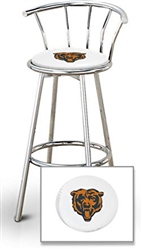 Bar Stool 29" Tall Chrome Finish Stool with a Backrest Featuring the Chicago Bears NFL Team Logo Decal on a White Vinyl Covered Swivel Seat Cushion