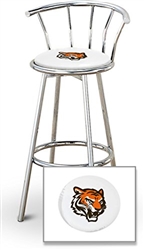 Bar Stool 29" Tall Chrome Finish Stool with a Backrest Featuring the Cincinnati Bengals Face NFL Team Logo Decal on a White Vinyl Covered Swivel Seat Cushion