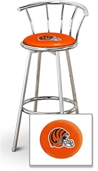 Bar Stool 29" Tall Chrome Finish Stool with a Backrest Featuring the Cincinnati Bengals Helmet NFL Team Logo Decal on an Orange Vinyl Covered Swivel Seat Cushion