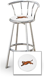 Bar Stool 29" Tall Chrome Finish Stool with a Backrest Featuring the Cincinnati Bengals Tiger NFL Team Logo Decal on a White Vinyl Covered Swivel Seat Cushion