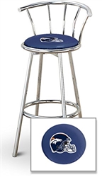 Bar Stool 29" Tall Chrome Finish Stool with a Backrest Featuring the Denver Broncos Helmet NFL Team Logo Decal on a Blue Vinyl Covered Swivel Seat Cushion