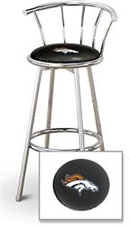 Bar Stool 29" Tall Chrome Finish Stool with a Backrest Featuring the Denver Broncos NFL Team Logo Decal on a Black Vinyl Covered Swivel Seat Cushion