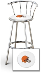 Bar Stool 29" Tall Chrome Finish Stool with a Backrest Featuring the Cleveland Browns NFL Team Logo Decal on a White Vinyl Covered Swivel Seat Cushion