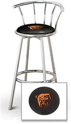 Bar Stool 29" Tall Chrome Finish Stool with a Backrest Featuring the Cleveland Browns Face NFL Team Logo Decal on a Black Vinyl Covered Swivel Seat Cushion